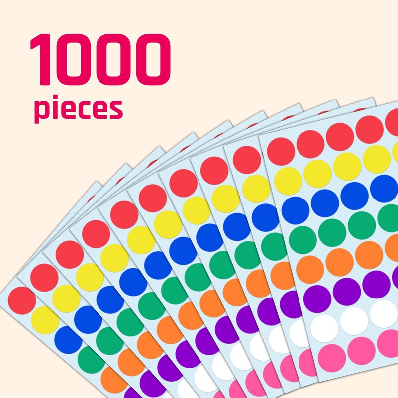 1000 Pack, 1 inch - Colored Round Circle Dot Stickers,