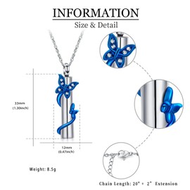 QGJNSGC Urn Necklace for Ashes Butterfly Cylinder Urn Ashes Necklace for Women/Men Cremation Butterfly Jewelry of Loved Ones Keepsake Memorial Vial Pendant Necklace (Silver-blue)