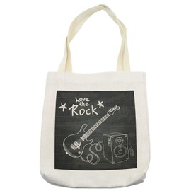 Ambesonne Guitar Tote Bag, Love the Rock Music Themed Sketch Art Sound Box and Text on Chalkboard, Cloth Linen Reusable Bag for Shopping Books Beach and More, 16.5" X 14", Charcoal Grey White