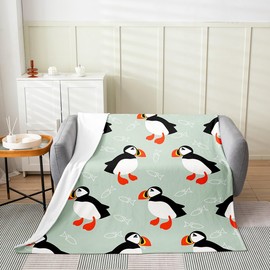 jejeloiu Kids Puffin Plush Throw Blanket, 40"x50" Puffin Bird Drawing All Season,Bed Blanket for Boys Girls Teens Bedroom Decor Polar Animal Fish Flannel Fleece Blanket Women Men Cute Animal Green