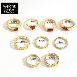Red Zircon Stackable Knuckle Rings Sets for Women,9Pcs Cute Hollow Crystal Heart Shaped Twist Chain Finger Midi Rings Jewelry Accessories (Red)