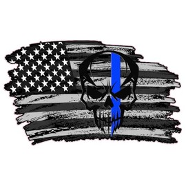 American Flag Decal with Thin Blue Line Skull Design, Distressed Patriotic Car Sticker (18" x 10")