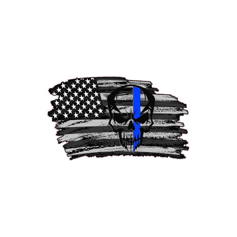 American Flag Decal with Thin Blue Line Skull Design, Distressed