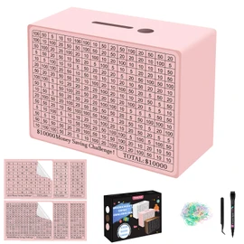 Wooden Cash Savings Box with Counter, Vault Bank for $10000 $5000 $3000 $1000 $800 $500 Target Money Challenge, Reusable Money Box with Dry Erase Pen/Savings Trackers/Rubber Band-Pink