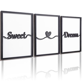 3D Wood Sweet Dreams Wall Decor Above Bed Decors, Bedroom Wall Art 36x16”, Black Wall Decor for Bedroom (12x16 inches, Set of 3, Framed)