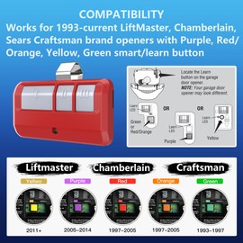 Garage Door Opener Remote for Chamberlain Liftmaster Craftsman Garage Door Opener 893MAX 893LM 891LM 371LM 373LM 971LM 973LM 81LM Purple Yellow Red Orange Green Learn Button, Visor Remote 3 Pack