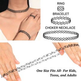 BodyJ4You 3PC Tattoo Choker Necklace Set Bracelet Ring - 90s Necklace 2000s Y2K Fashion Vintage - Stretchy Elastic Neck Lace Women's - Gothic Black Multicolor Rainbow - Classic Fashion Trend
