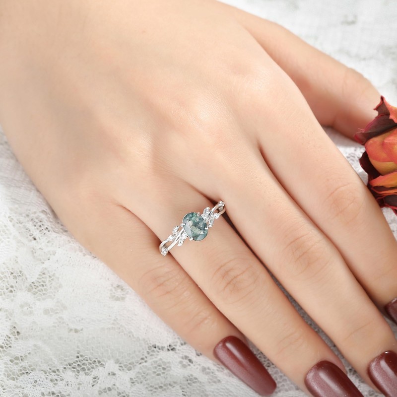 IRROYA Women's Naturally Moss Agate Wedding Rings 1.5CT Oval Cut