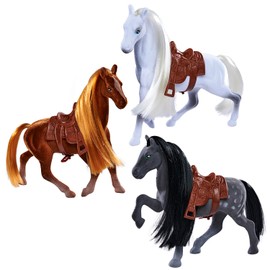 Simba Toys Flocked Horse Set – 3 Detailed Horse Figures with Brush & Saddle for Kids (7"/19cm) | Toy Animal Figures, Ages 3 and Up