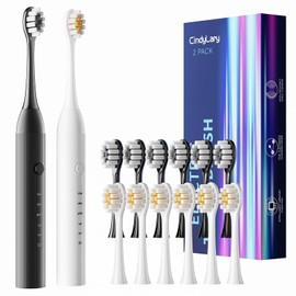 CindyLary 2 Pack Electric Toothbrush for Adults and Kids - Rechargeable Kids Ages 12+ and Adults with 12 Brush Heads & 2 Electric Toothbrush, 90 Days Battery Life - Black and White