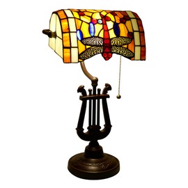 VirtueKing Dragonfly Bankers Lamp Antique Desk Lamps Stained Glass Banker Table Lamp with Pull Chain, Vintage Desk Lamp for Home Office, with Color Changing LED Bulb