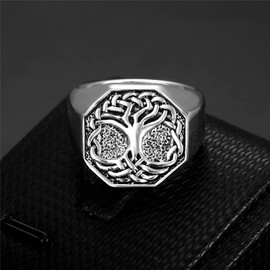 PAURO Men's Stainless Steel Ring Unique Hexagon Tree of Life Signet Band Vintage Style Silver Black Size P 1/2