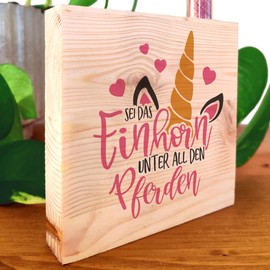 Einhorn Geschenk - Einhorn Holzbild 11x11x2cm zum Hinstellen auf's Regal/Sideboard mit Reagenzglas - Deko Wohnzimmer, Sprüche, Zuhause Dekoration, Sprüche Bilder, Typografie, Einhornbilder