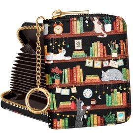 Hautebella Credit Card Holder for Women Cute Small for Ladies Teen Girls Female RFID Leather Cardholder Wallets with Keychain Accordion Organizer Purse Bookshelf Girly Aesthetic Print Unique Zipper
