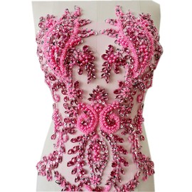 Handmade Shiny Rhinestones Applique handsewing Beaded Sequins Crystal on lace Trim Patches for Prom Dress Clothing Decorative Accessories (Pink)