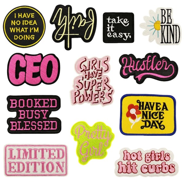 12Pcs Phrase Iron On Patches，Cute Embroidery Applique Patch, Assorted Styles