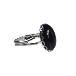Rubaa Jewellery 14x10mm Oval Genuine Black Onyx Cabochon Silver Plated Adjustable/Expandable Ring