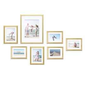 MIMOSA MOMENTS Picture Frame Sets for Wall Collage Multiple Sizes, Gallery Wall Frame Set with mat for one 8x10, 2 5x7 and 4 4x6 picture (Brass, 7 pcs set)