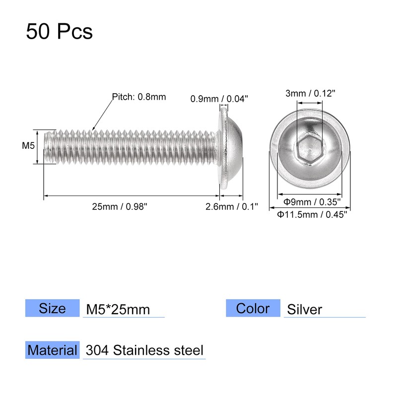 sourcing map Flanged Button Head Socket Cap Screws, M5*25mm Hex