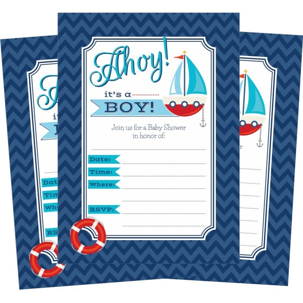 Nautical Ahoy It's a Boy Themed Baby Shower Invitations - 24 Invites and Envelopes