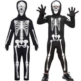 ENJHIKE Halloween Costume, Cosplay, Children's Costume, Skeleton Full Body Tights, Skull Skeleton, Ghost Costume, Hooded, Long Sleeve, Bone Pattern, Scary, Parties, Events, 3-Piece Set, Boys, Girls