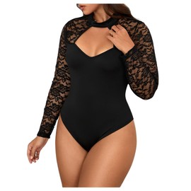 MakeMeChic Women's Plus Size Floral Lace Bodysuit Fall Mock Neck Long Sleeve Cut Out Tee Shirts Black XX-Large