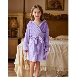 Arshiner Boys Girls Flannel Bathrobes Soft Fuzzy Hooded Robe Sleepwear with Belt for Kids Lilac 6-7 Years