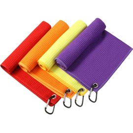 4 Pack Golf Towel for Golf Bags Microfiber Fabric Towel Bag with Clip Waffle Pattern Golf Accessories for Golf Ball Club Set, Multiple Colors (Red, Orange, Yellow, Purple)