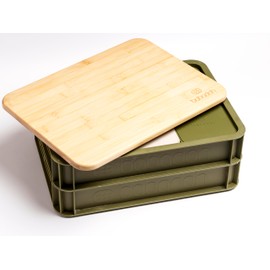 Babadoh Dough Trays & Bamboo Board Set – Includes 2 Olive Green Durable, Stackable Trays & 1 Bamboo Board – Versatile Storage & Serving Solution for Pizza Lovers – Home & Outdoor Adventures