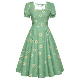 Belle Poque 1950s Vintage Cocktail Dress for Women Square Neck Short Puff Sleeve Dresses Tea Party Sun Dress Green S