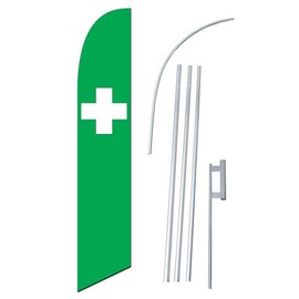 "White Cross On Green Flag" 12-Foot Super Swooper Feather Flag with Heavy-Duty 15-Foot Pole and Ground Spike