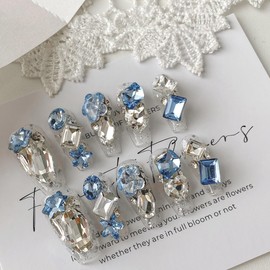 Coffin Shaped Luxury Press on Nails - Swan Lake | Coffin Artificial False Nails, Glossy Fake Nails with 3D Shinning Diamonds, Salon Quality Reusable Nails Kit (Size M)