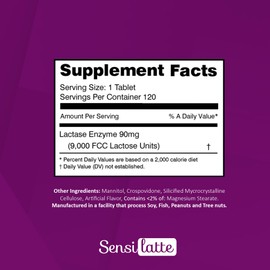 SENSI LATTE SENSI LATTE Lactase Enzyme 120 Tablets No Flavor - 9.000 FCC - Sensilatte C Quick Dissolution C Helps with Digestive Comfort C Prati Donaduzzi