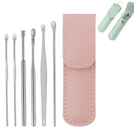 Pleteffect Ear Cleaner, Ear Cleaning Master—Earwax Cleaner Tool Set, Ear Cleaner Earwax Removal Tool, Household Stainless Steel Ear Pick 6-Piece Set with Portable Keychain PU Leather Case (Pink)