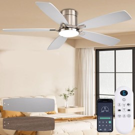 FUMLTP 52 inch Ceiling Fans with Lights, Flush Mount Ceiling Fan with Light and Remote/APP Control, DC Motor, Dimmable LED, Noiseless, Low Profile Ceiling Fan for Bedroom Indoor/Outdoor Use (Nickel