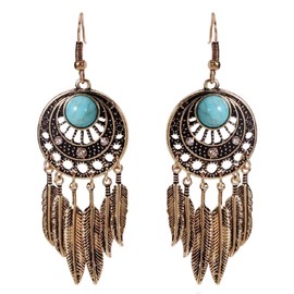 Feather Earrings for Women, Earrings with Tassels Turquoise Feathers Boho for Girls, Earrings Growing Moon Hypoallergenic Earrings Bohemian Leaf, Zircon, No
