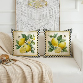 HOMFREEST Summer Pillow Covers 18x18 Inch Set of 2 Lemon Decorative Black Plaid Throw Pillows Outdoor Porch Cushion Cases for Sofa Couch