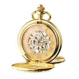 Treeweto - Reloj mecánico de bolsillo para hombre y mujer, con esfera de números romanos azules, doble caja, Oro, Mecánico