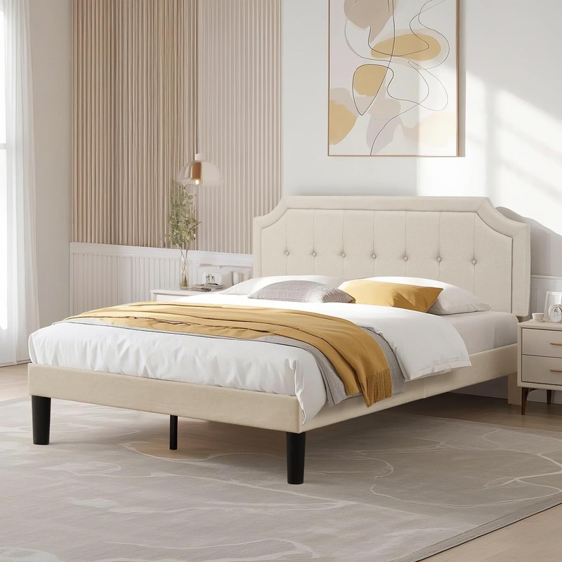 VECELO Queen Upholstered Platform Bed Frame with Adjustable Button Stitched