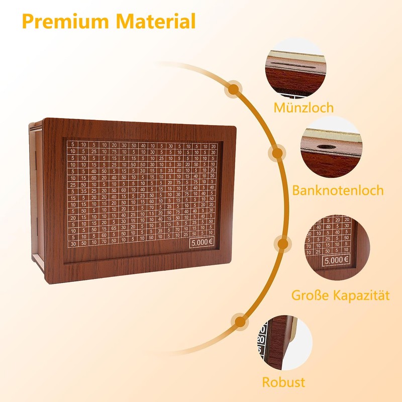 Money Box with Counter for 5000 Euro, Removable Marking Wooden