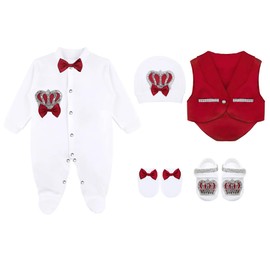 Lilax Baby Boy Jewels Crown Tuxedo Outfit Layette 5 Piece Gift Set 0-3 Months, Red, 0-3 Months