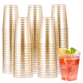JOLLY CHEF 100pcs 10OZ Gold Plastic Cups,Disposable Gold Glitter Plastic Cups,Clear Plastic Tumblers,Wedding Thanksgiving, Christmas Party Cups