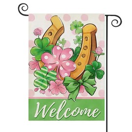 YBTLhome Welcome St. Patrick's Day Garden Flag Double Sided, Gold Horseshoe Shamrock Clover Decorative Yard Outdoor Home Small Decor, Pink Polka Dot Stripes Irish Holiday Outside Decoration 12 x 18