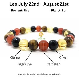 Leo Crystal Bracelet - Power Bead Bracelet - Zodiac Birthstones - Gift Box & Leo Tag - Carnelian, Citrine, Tigers Eye, Onyx