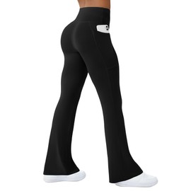 COPYLEAF Womens Yoga Pants with Pockets High Waisted Flare Leggings Bell Bottom Yoga Dress Pants Seamless Bootcut Pants(Black XS)