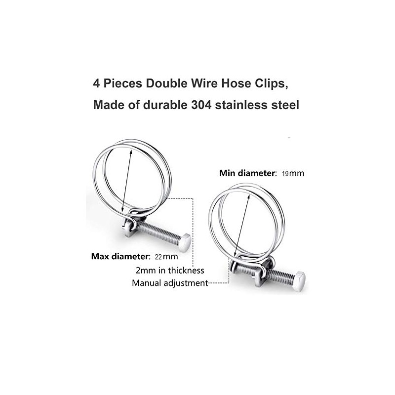 4 Pcs Double Wire Hose Clips Adjustable 304 Stainless Steel