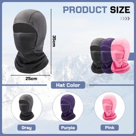 ZOCONE 3 Pack Ski Mask Kids Balaclava Thermal Face Hood Mask for Boys Girls, Windproof Winter Balaclava Neck Warmer for Skiing Cycling Outdoor Sports(Grey, Pink, Purple)