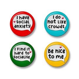 Social Anxiety Badge Set, 4Pcs, 32mm or 44mm Pin Badge Button (44mm)