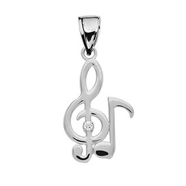 Music Jewelry Fine 10k White Gold Diamond Treble Clef and Eighth Note Pendant