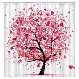 KOTOM Tree of Life Shower Curtain for Bathroom, Valentines Tree with Pink Hearts Doodles Decorated Shower Curtain, Fabric Bathroom Curtain 12PCS, 69X70 Inches